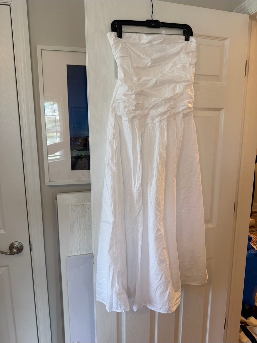 Strapless White Ruched Bodice Midi Dress